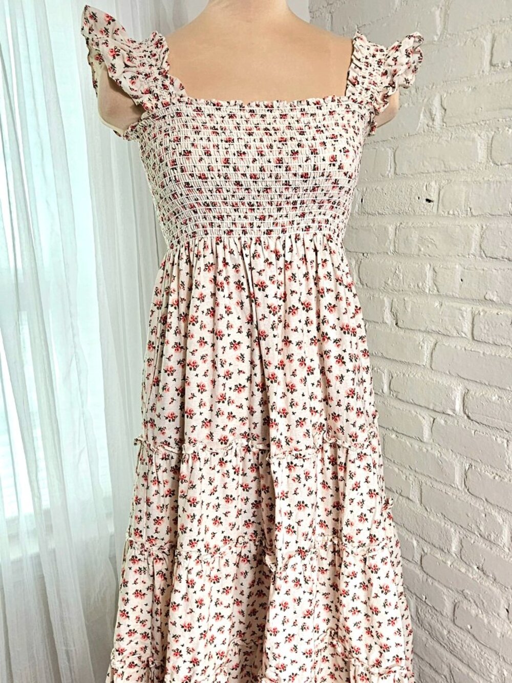 O.P.T. Smocked Floral Midi Dress Pink Ditzy Print Tiered Dress Pockets Size L
